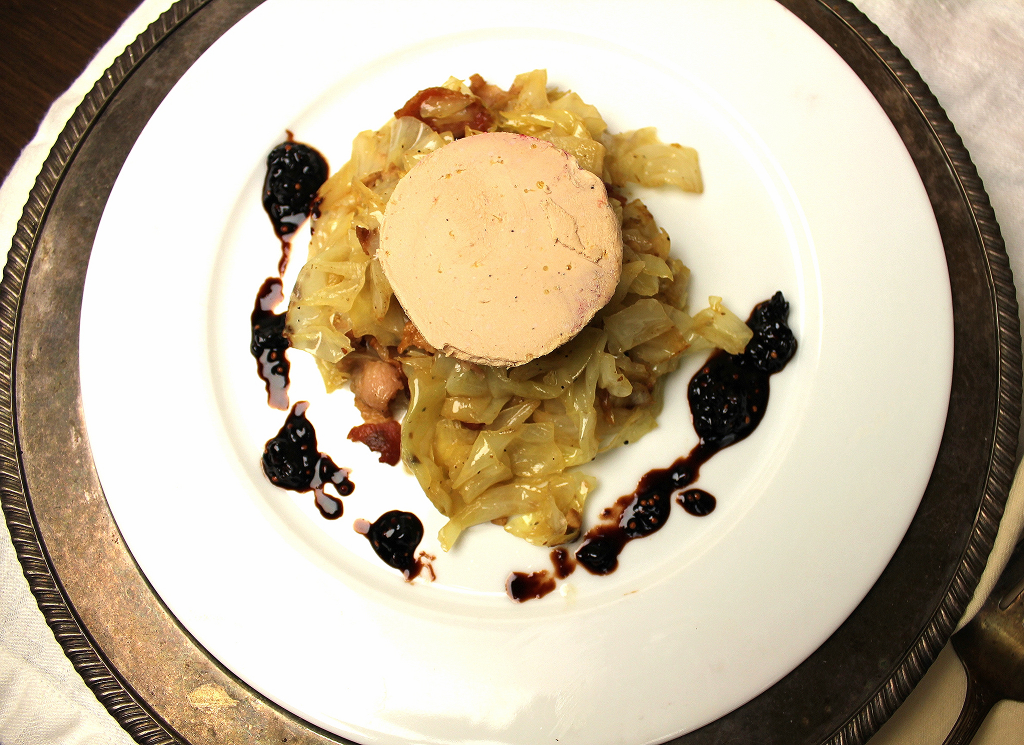 Duck Foie Gras with Bacon and Juniper Cabbage and Blackberry-Mustard Seed gastrique